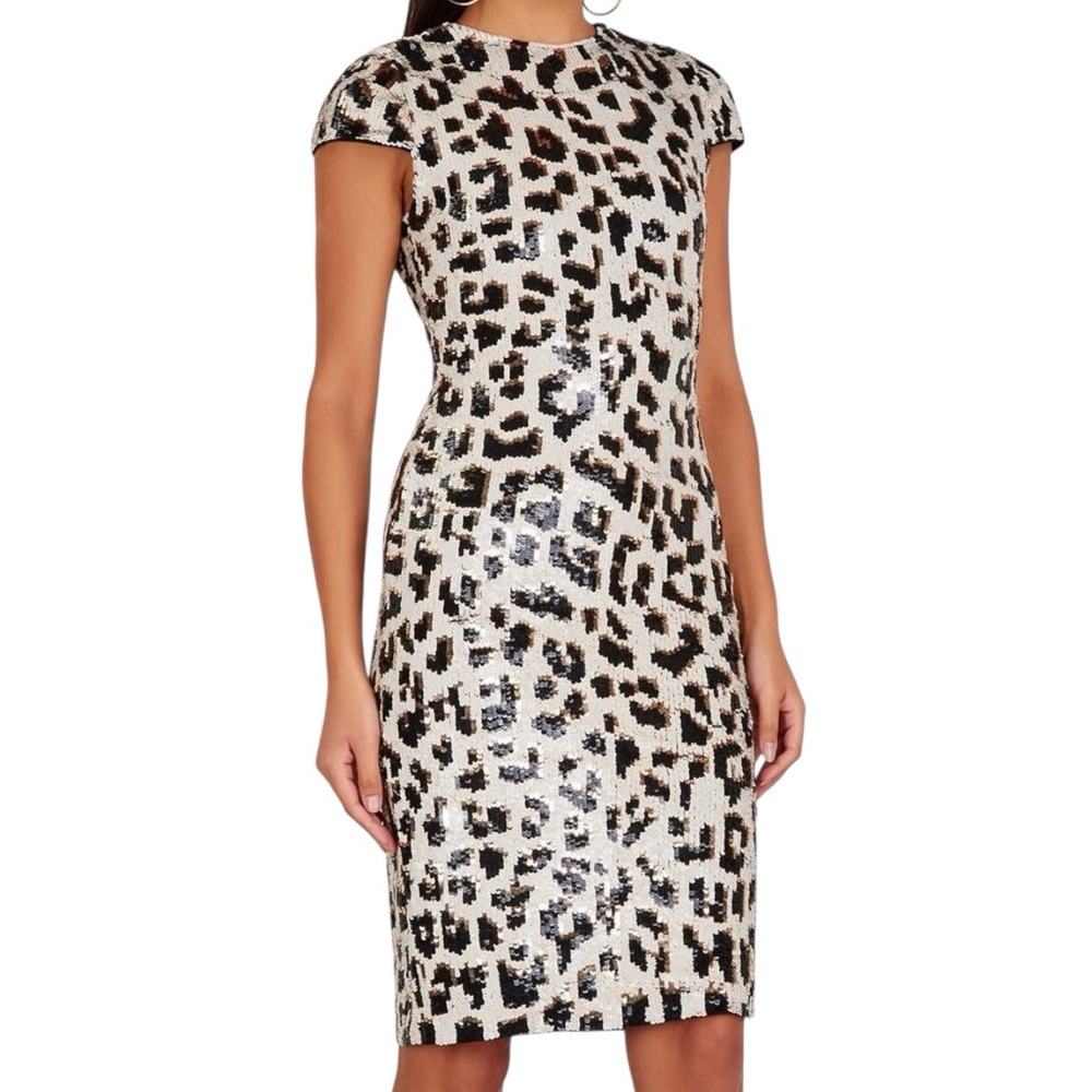 NEW Alice + Olivia Nat Leopard Sequin Midi Dress Stone Black Gold